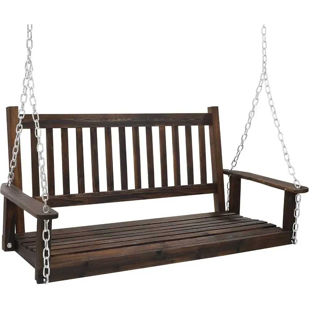 

Outdoor Patio Hanging Wooden Porch Swing with Chains, Heavy Duty Swing Bench for Garden ad Backyard