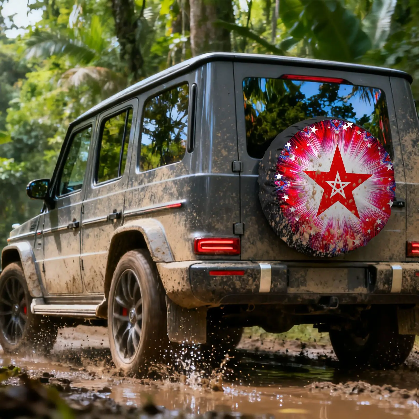 Tire Cover With A Mysterious Pentagram Pattern, Made Of Polyester Fiber, Featuring A Nested Star Design On A Dark Background Ado