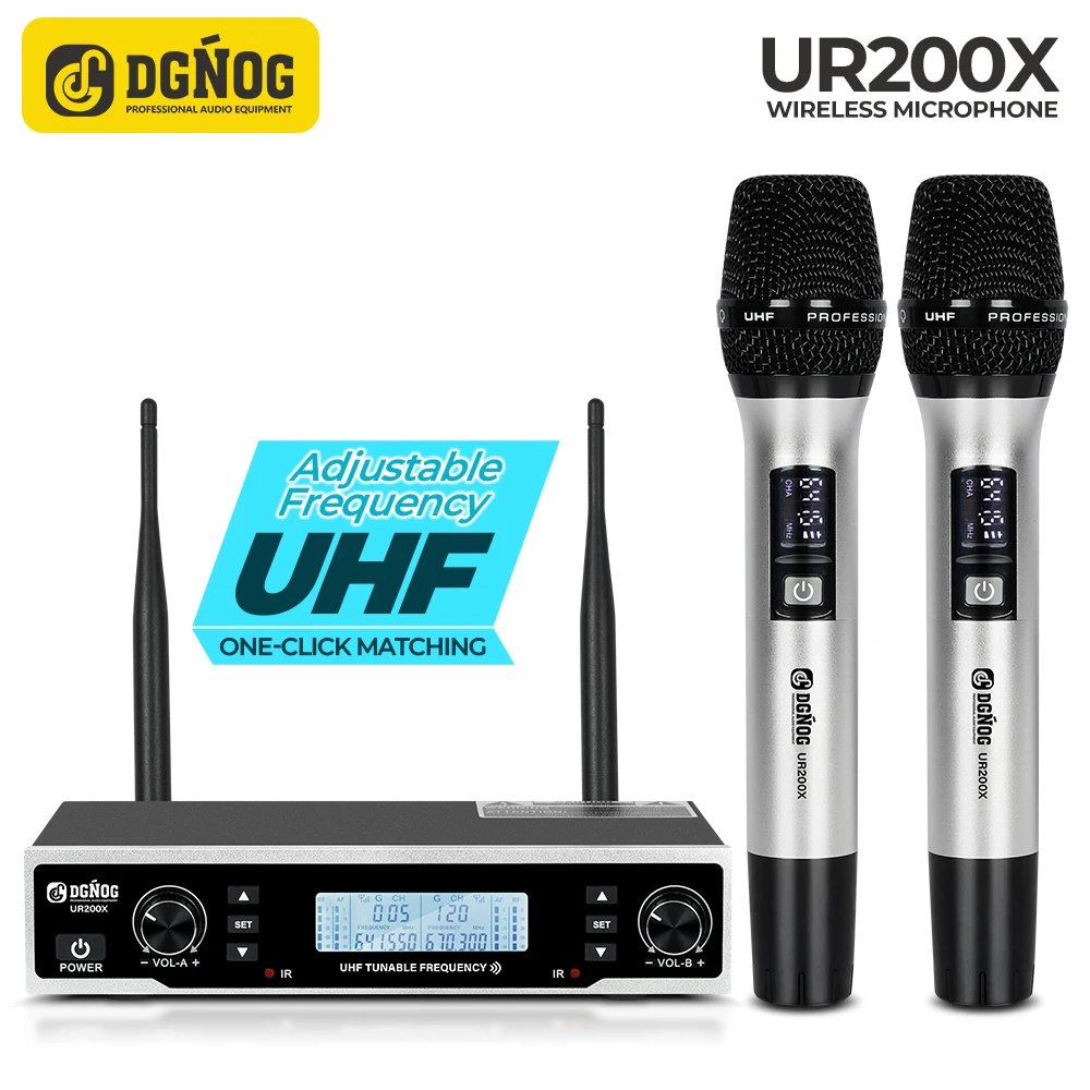 

UHF 2-Channel Karaoke Wireless Microphone System Infrared Frequency Pairing 262ft Transmission 2*100 Frequency DGNOG UR200X