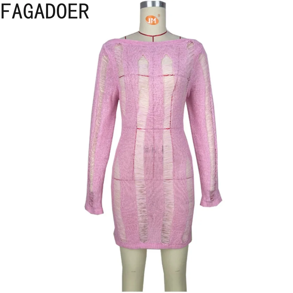 FAGADOER Sexy scava fuori maglia aderente Mini abiti donna manica lunga Backless fasciatura Mini abiti moda Streetwear 2024