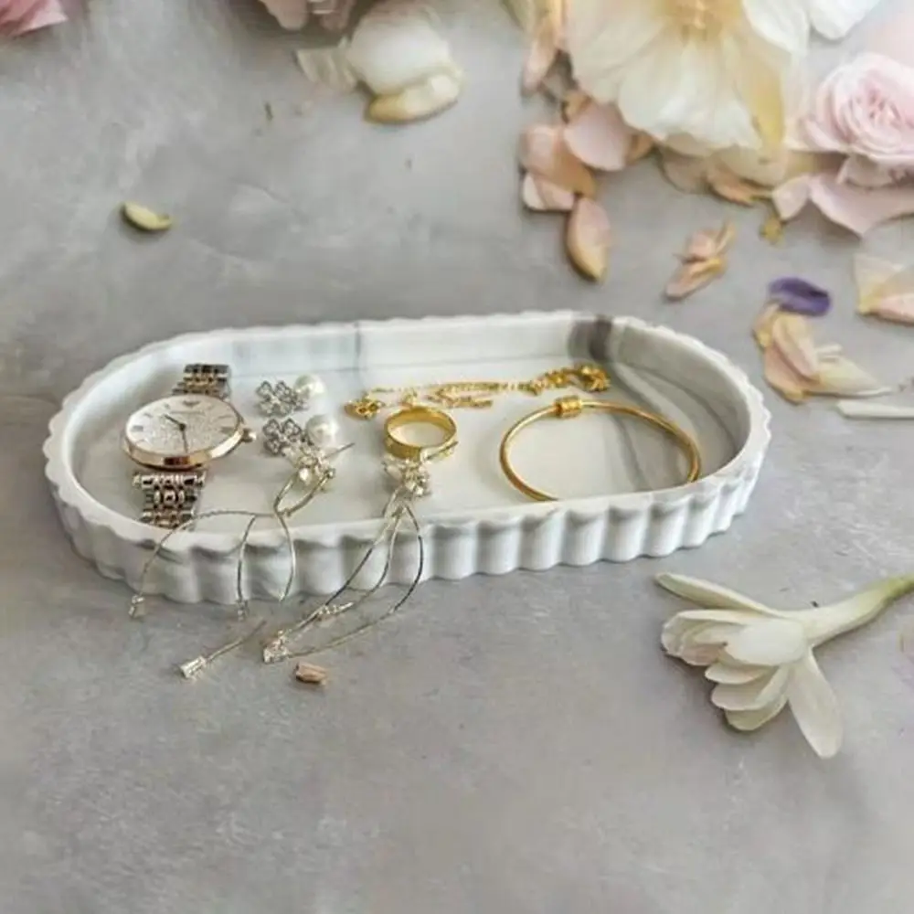 Durable Silicone Oval Storage Tray Wave Edge Marble Pattern Lace Oval Tray Decorative Tabletop Storage Shelf Living Room