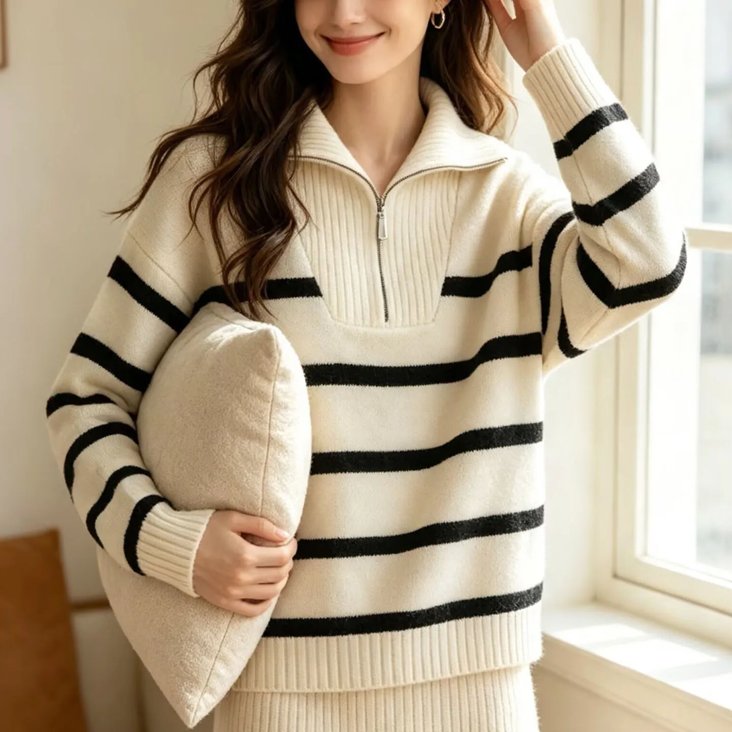 Women's Casual Style Long Sleeve Zipper Striped Sweater Jacket Multi-Color Collar Autumn Fashion Outerwear by Zadata