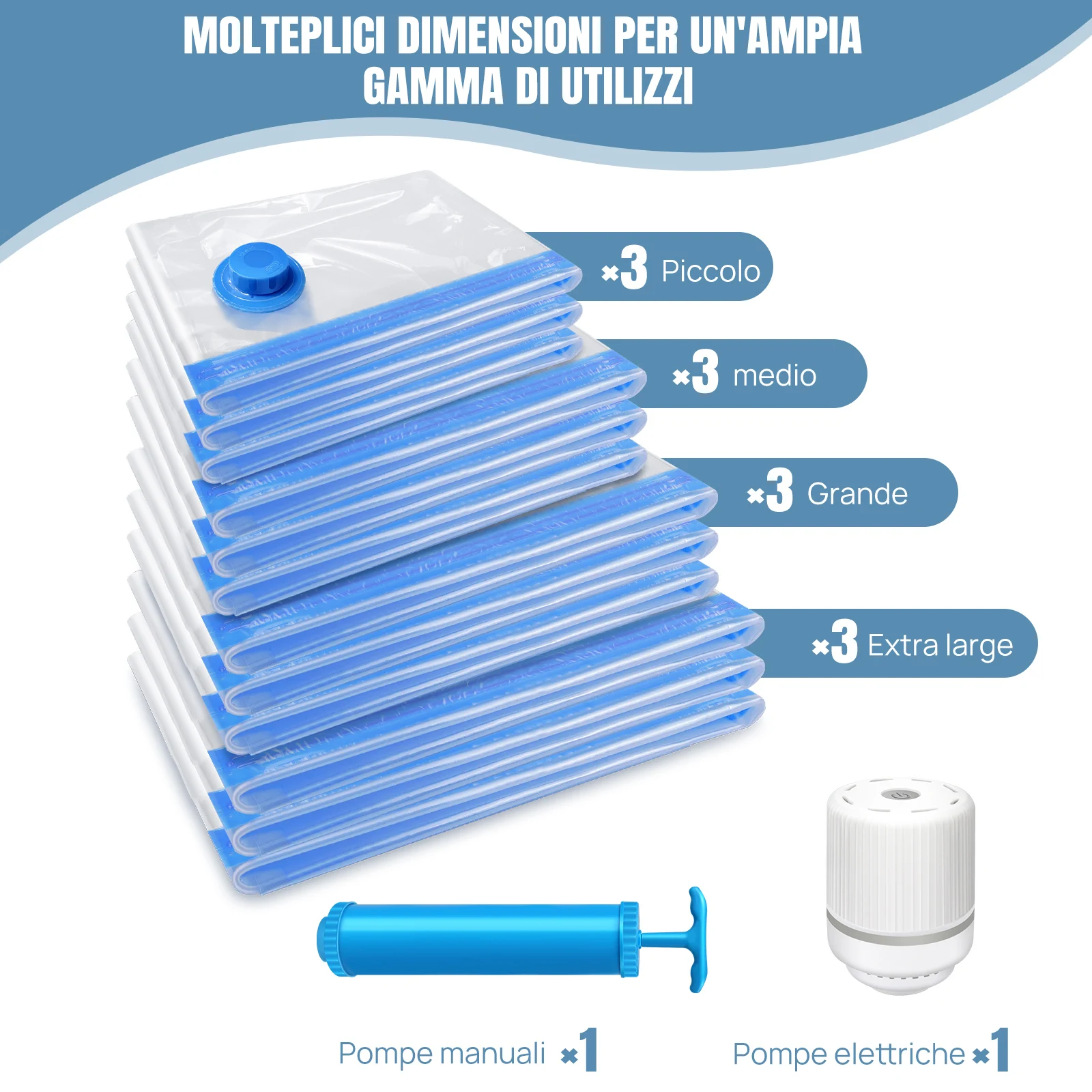 BRIEFNESS Confezione da 12 Sacchetti Sottovuoto, Sacchetti Salvaspazio a Compressione per Piumoni e Coperte, Pompa ad Aria Manuale + Elettrica