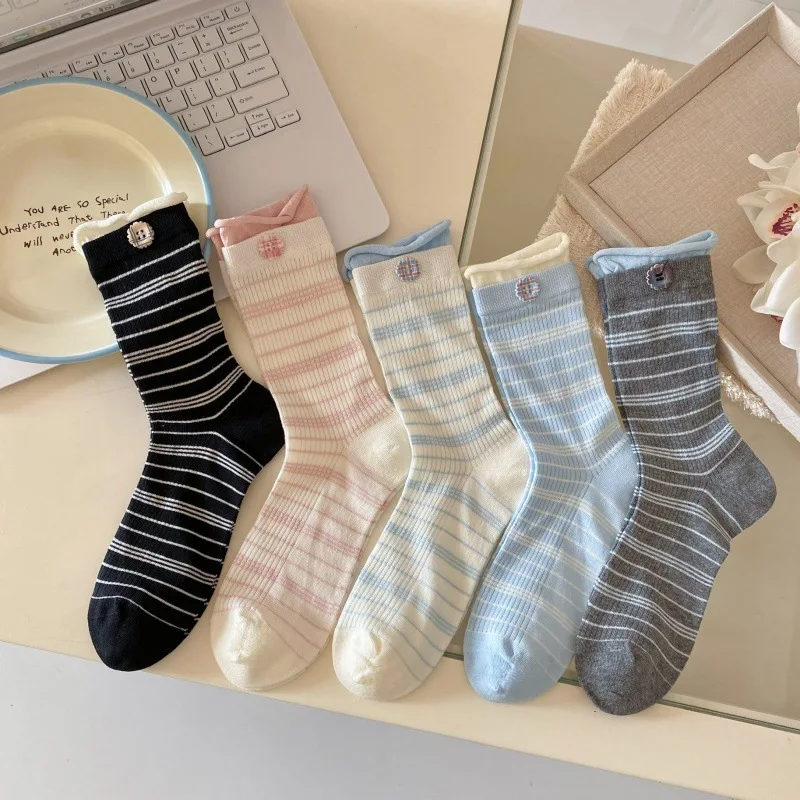 Striped Socks Women Female Spring and Summer Thin Breathable Medium Tube Socks Korean Contrasting Color Button Cotton Long Socks