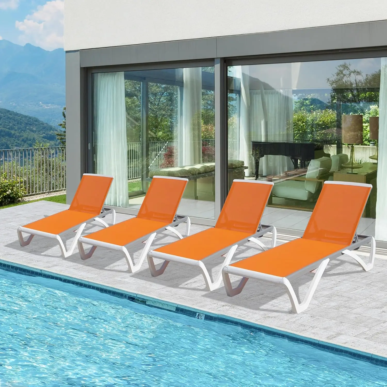 Outdoor Patio Lounger Chair, Pool Lounge Set of 4, Weather-Resistant Reclining, Orange, Customized