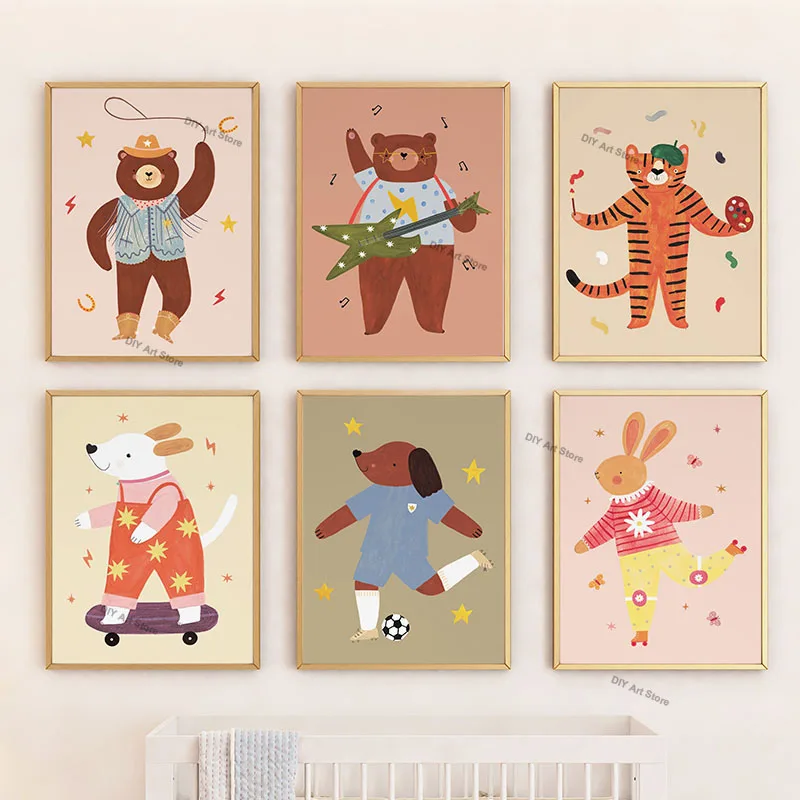 Funny Cartoon Animal Nursery Wall Art Canvas Painting Bear Tiger Rabbit Mouse Dog Posters & Prints Pictures Baby Kids Room Decor view 5