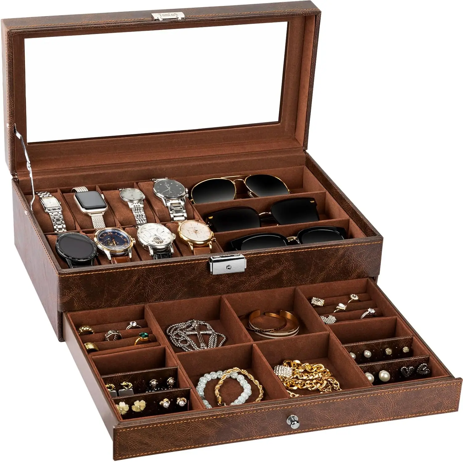

2-Tier Watch Case with Glass Lid, Lockable Jewelry Organizer for Watches, Sunglasses, Rings, Necklaces - Brown