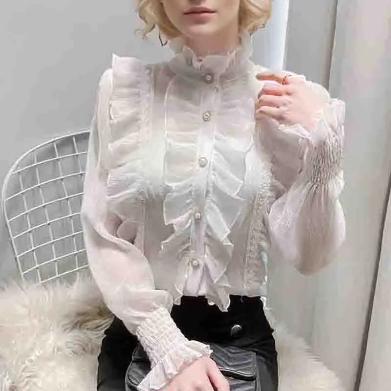 Sweet and Chic Long Sleeve Stand Collar Blouses Women Casual Loose White Shirts Korean Lace Ruffles Elegant Chiffon Blusas 13433