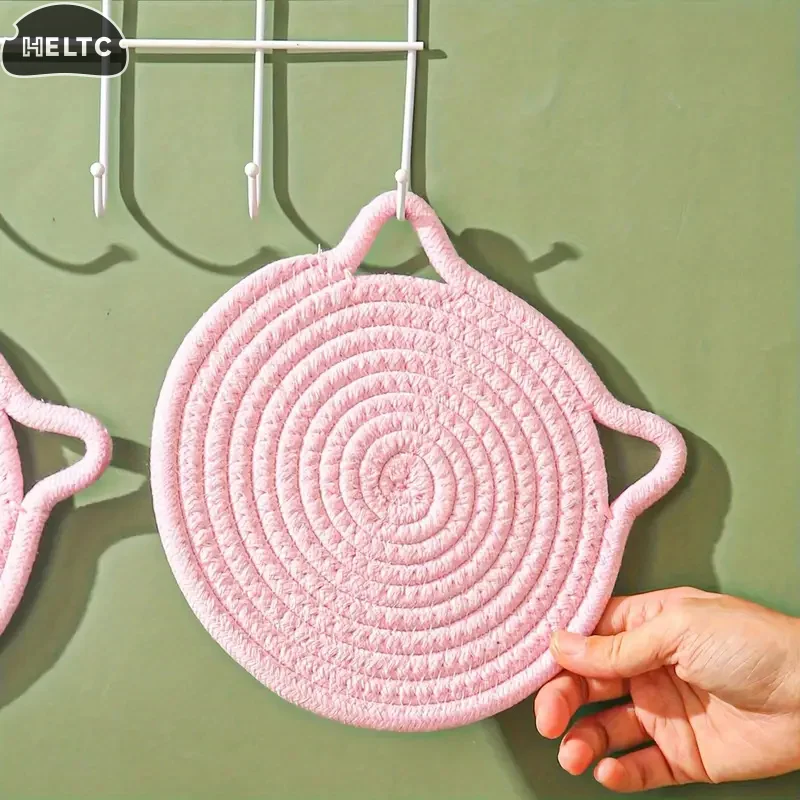 1pc Cotton Rope Woven Insulation Pad Design Dining Table Tray Mat Insulation Pad Cartoon Cat Ear Shaped Solid Color Dining Table