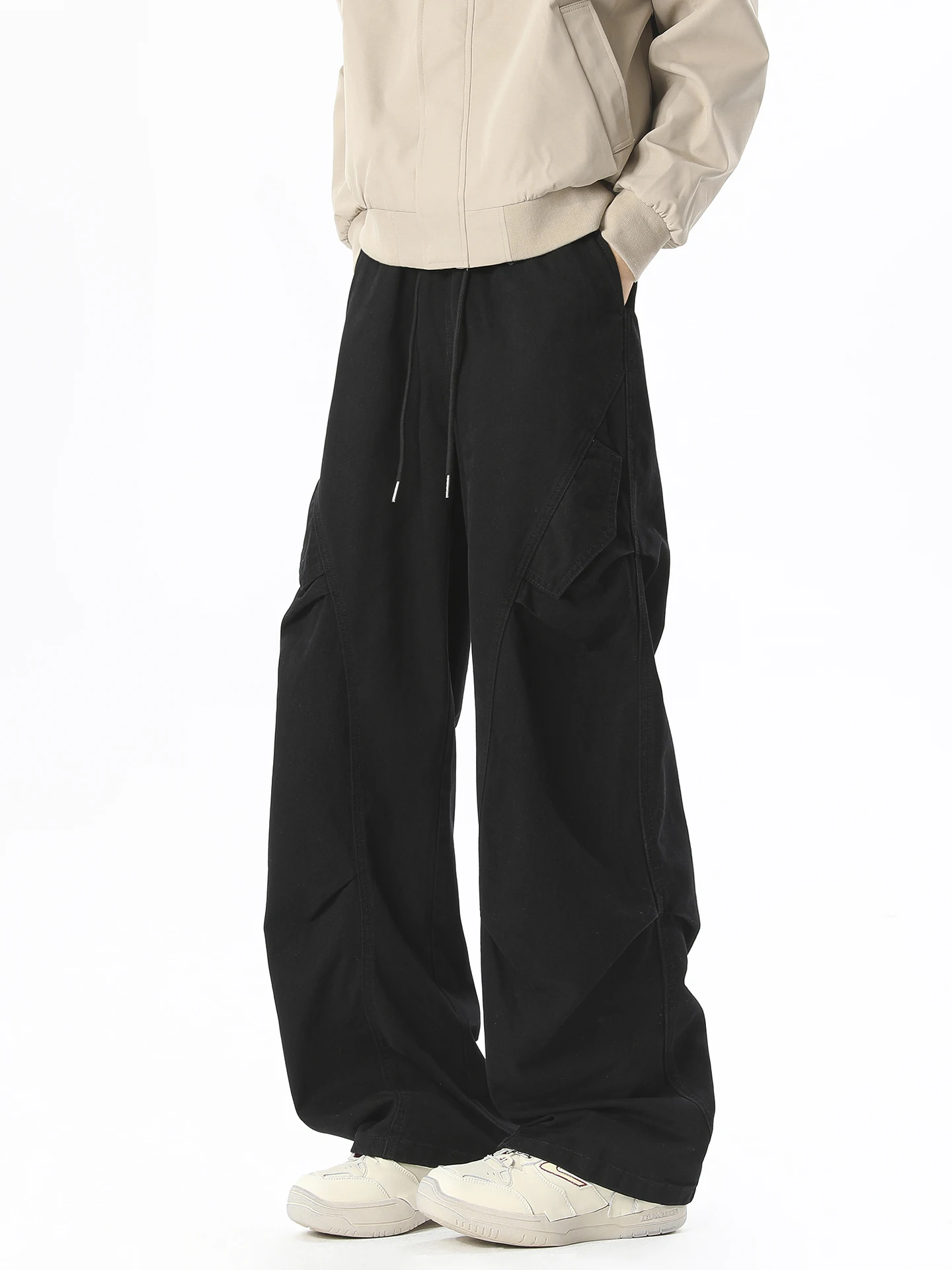 

BOYUE American Streetwear Casual Pants Workwear Paratrooper Retro Design Wide Leg Pants ex Pleated Loose Fit Straight Leg