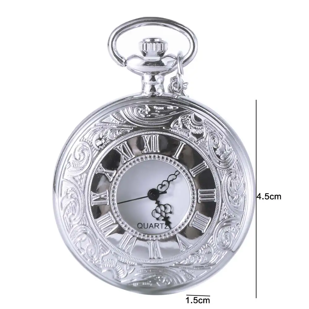 Reloj de bolsillo Vintage con pantalla a escala romana, collar, cadena, caja hueca, reloj de cadena de bronce, colgante de cuarzo, reloj colgante Retro plateado