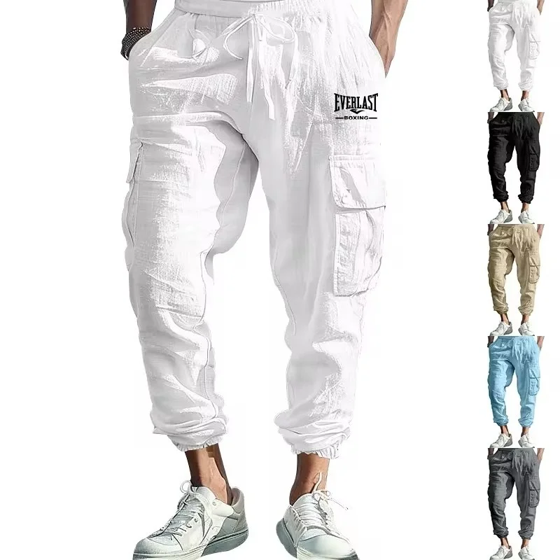 

2024 Spring And Autumn Casual Men's Overalls High Quality Cotton Hemp Bunched Feet Multi-pocket Solid Color Plus-size Men Pants