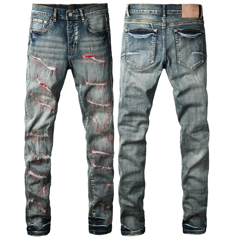 

American High Street Red Embroidery Jeans Retro Ripped Casual Skinny Jeans Elastic and Slim-fitting Jeans Men Denim Trousers