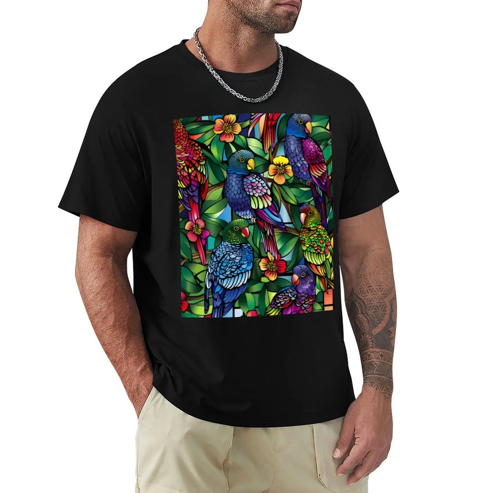 A colourful stain glass of rosellas and flowers T-Shirt Festival Party Tee Top