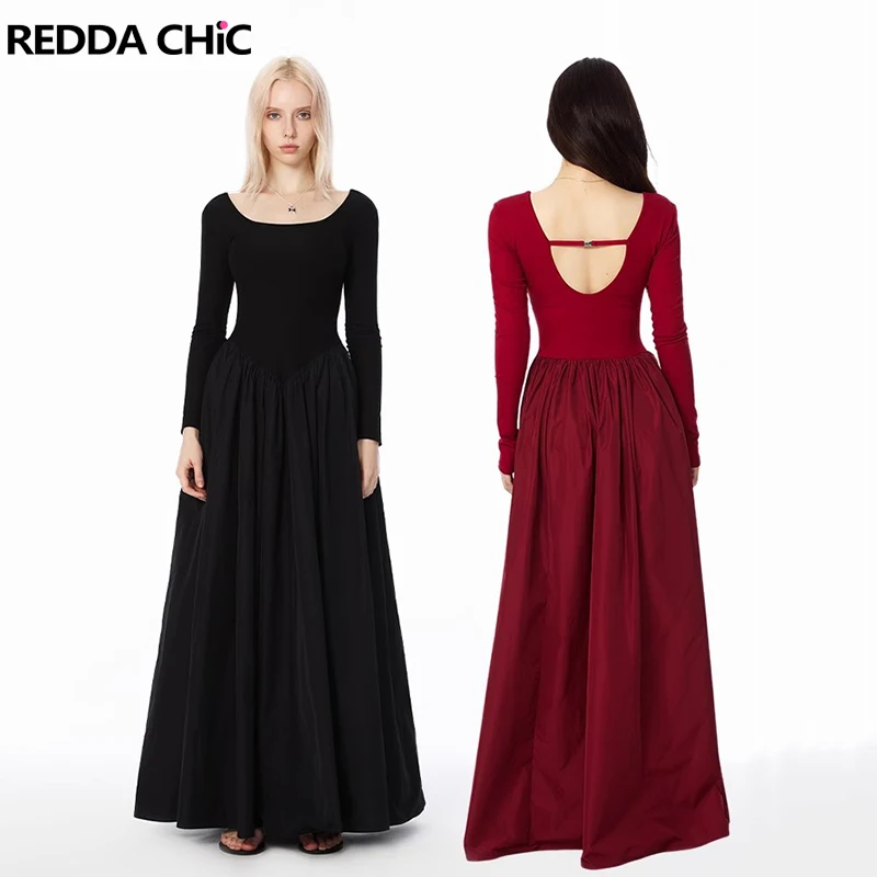 ReddaChic Patchwork Plain Long Sleeves Dress Women Scoop Neck Backless A-line Slim Stretch Maxi Knit Dress Casual Autumn Clothes