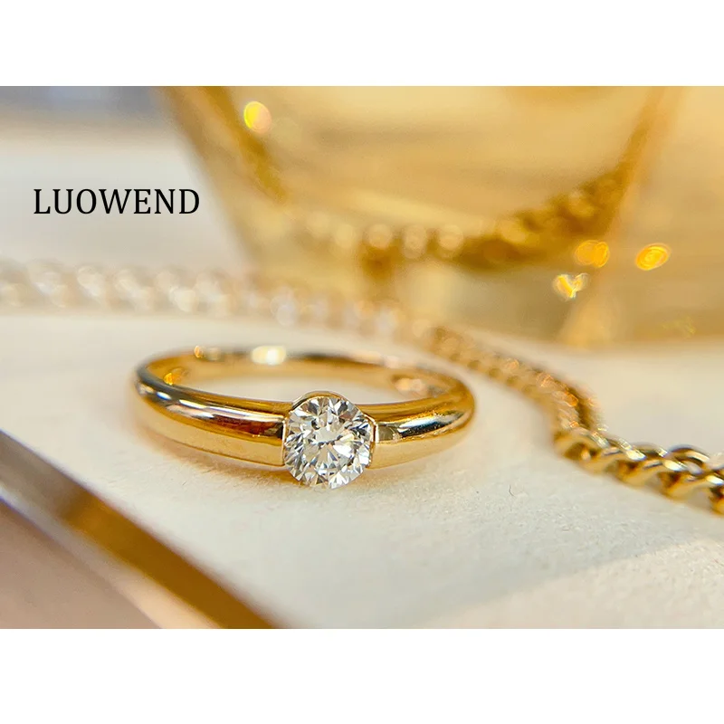

LUOWEND 100% 18K Yellow Gold Rings Classic Design Real Natural Diamond Engagement Ring for Women Wedding High Party Jewelry