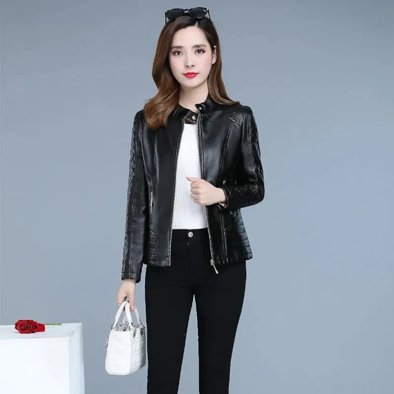 2025 Spring Autumn Women Short Leather Coat  Female Long Sleeves PU Leather Jacket Ladies Large Size 4XL Faux Leather Outcoat