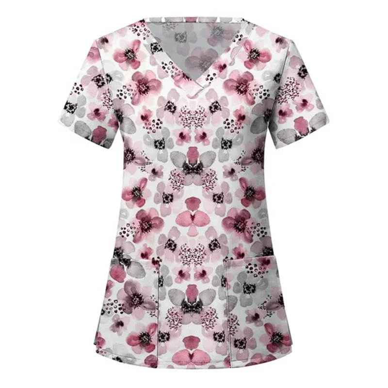 Women's Floral Elegant Medical Workwear Short SleeveVTie pocket clinical uniform for dental clinics and beauty salons