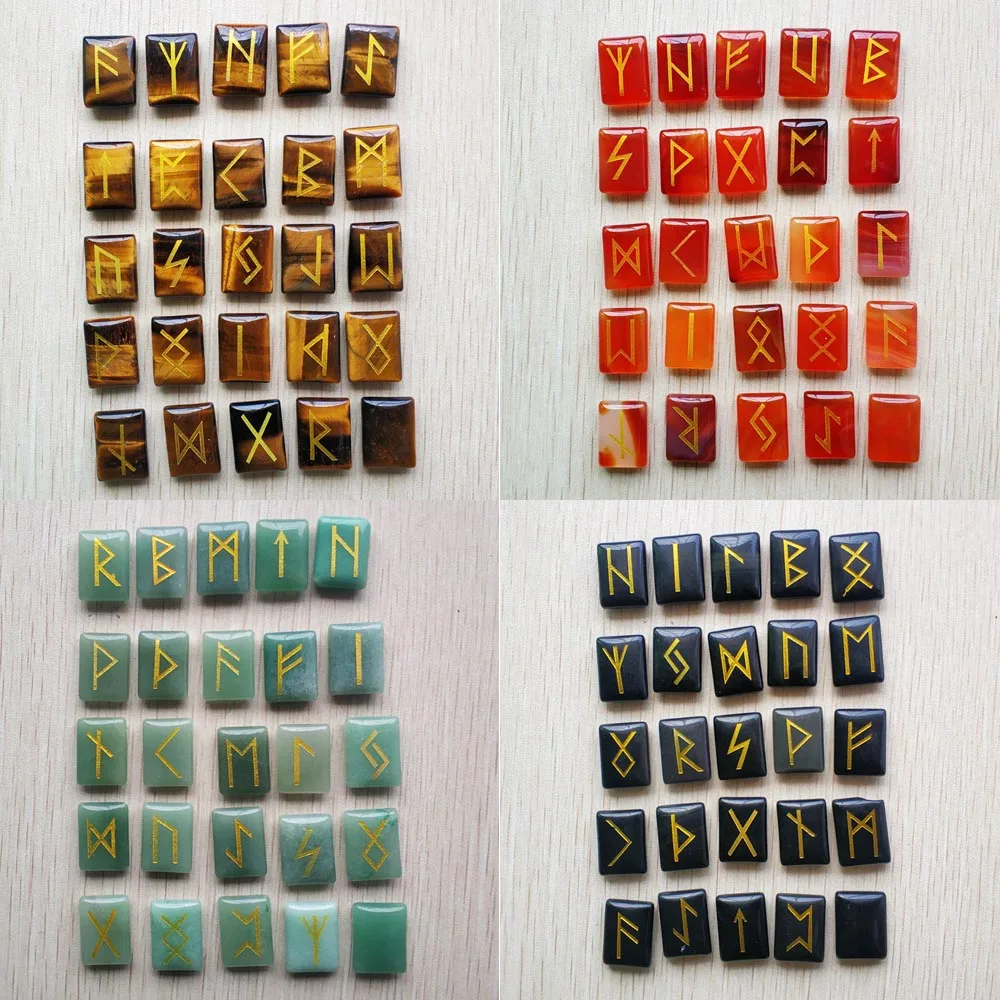 Runes Amulet Set Reiki Healing Tumbled rectangle Natural Stone tiger eye Crystals Carnelian no hole beads Wholesale 25pcs/lot