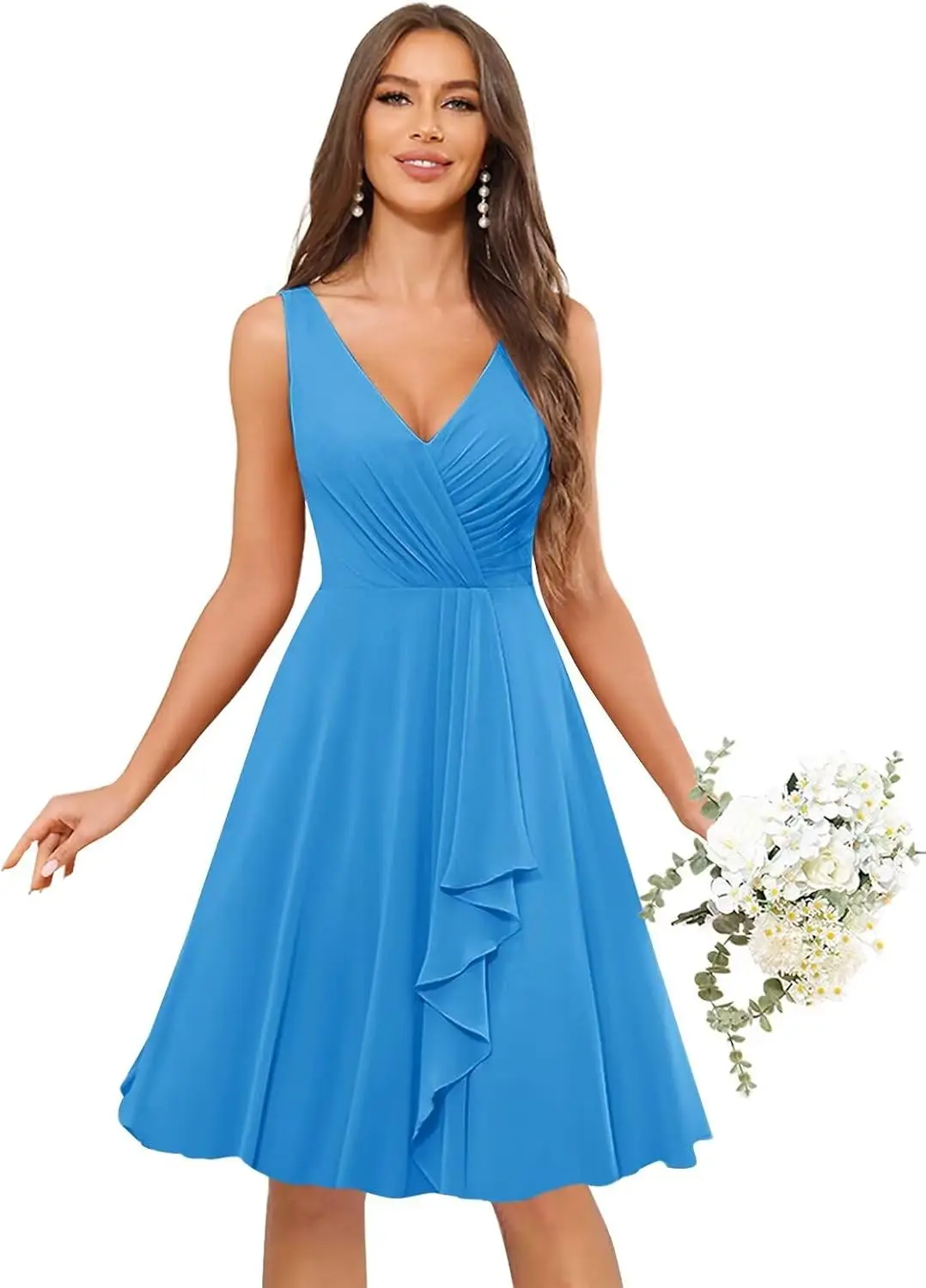 

Элегантные короткие платья для подружек невесты с V-образным вырезом, длиной до колена, плиссированные, с оборками, из шифона, вечерние платья для вечеринок и выпускных балов