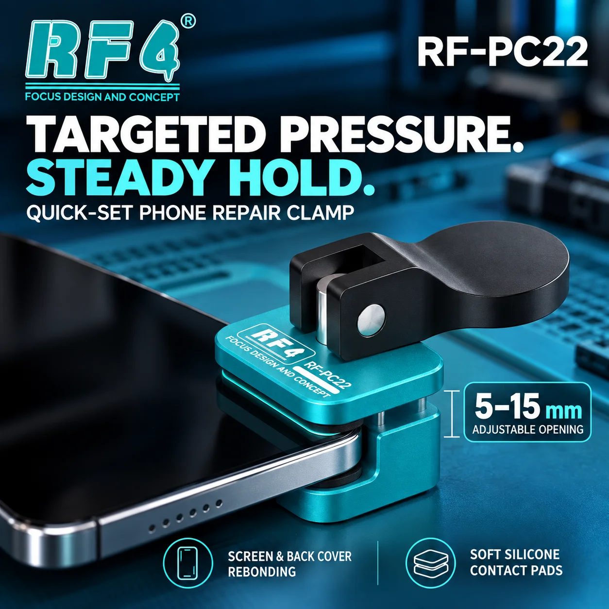 RF4 RF-PC22 Quick Set Phone Repair Clamp 5-15mm Adjustable Fixture with Silicone Pads for Screen Bezel and Back Cover Rebonding