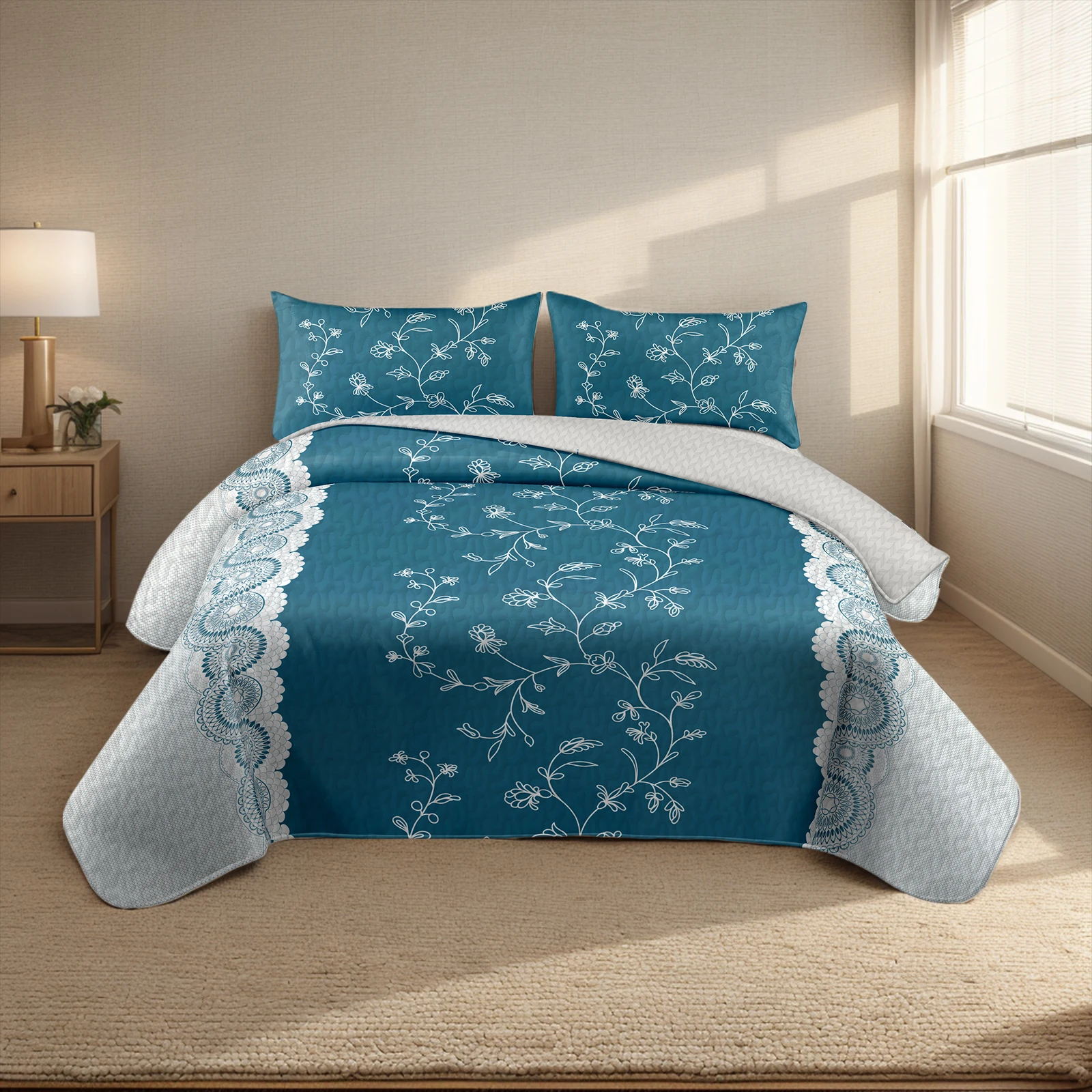 

Three-Piece Set Four Seasons Warm And Comfortable Deep Blue Floral with Purple Butterfly Bedding