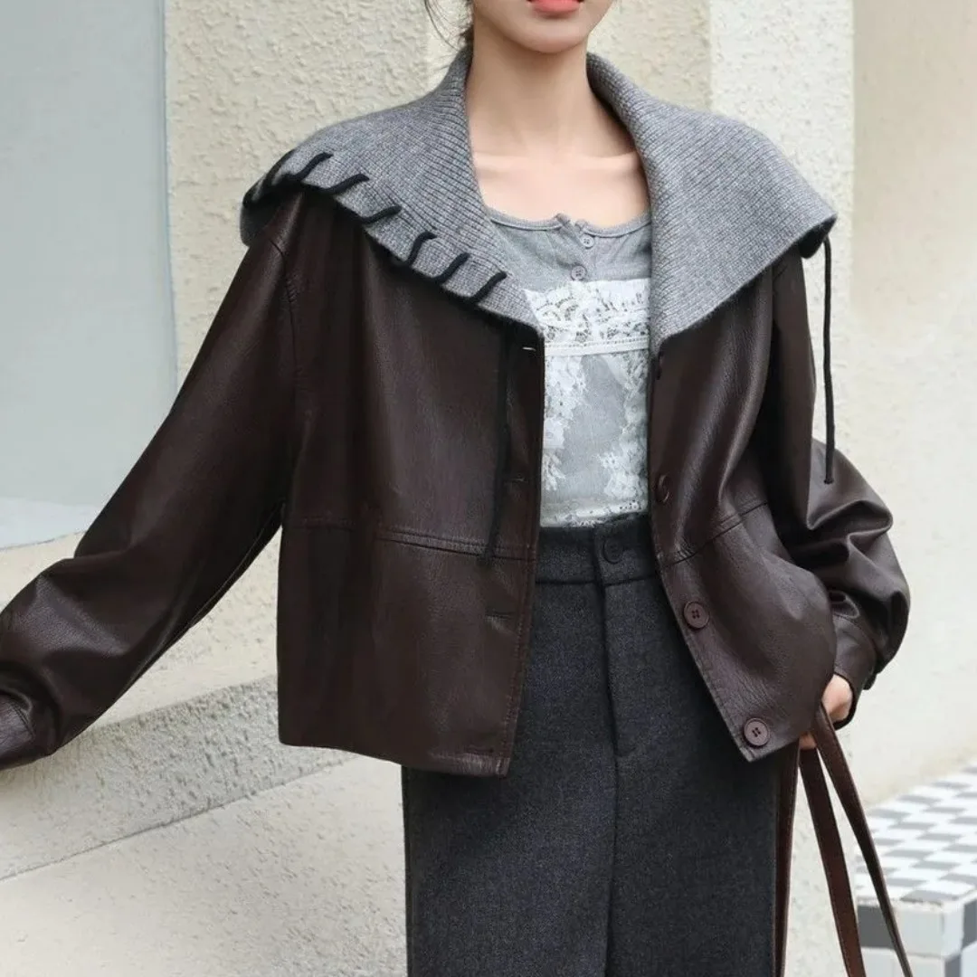 レディース ネイビー レザー ジャケット カジュアル スリム アウター 秋冬 新デザイン 高級感 小さいサイズ対応