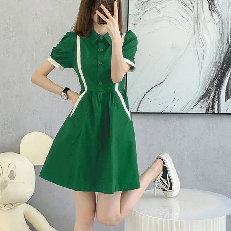 

Polo neck Patchwork Casual Fashion Waist Mini Dress Ladies Short Sleeve Buttons Shirt Robe Women Elegant Pocket Vestidos XT522
