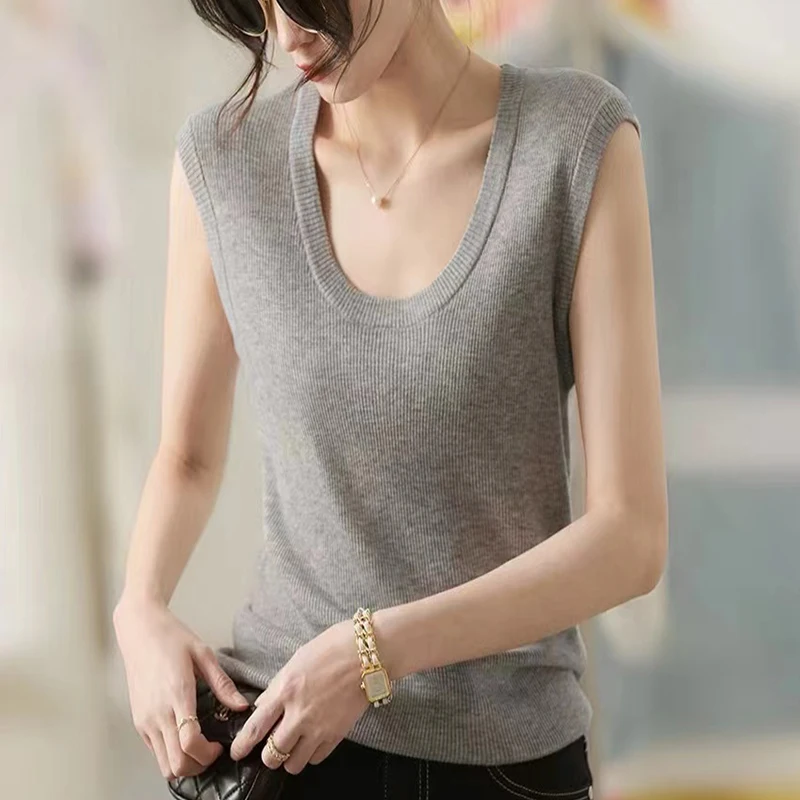 Sleeveless knitted Vest for Women, High-quality Wool, Summer New U-neck French Lazy Style Thin Casual Temperament Versatile Tank