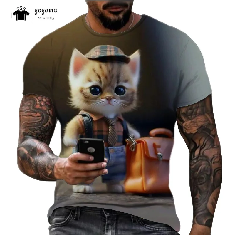 لطيف القط الرجال الجرافيك تي شيرت الصيف الشارع الرجال بلايز المألوف تنفس الرجال قصيرة الأكمام عادية الجولة الرقبة ملابس للرجال