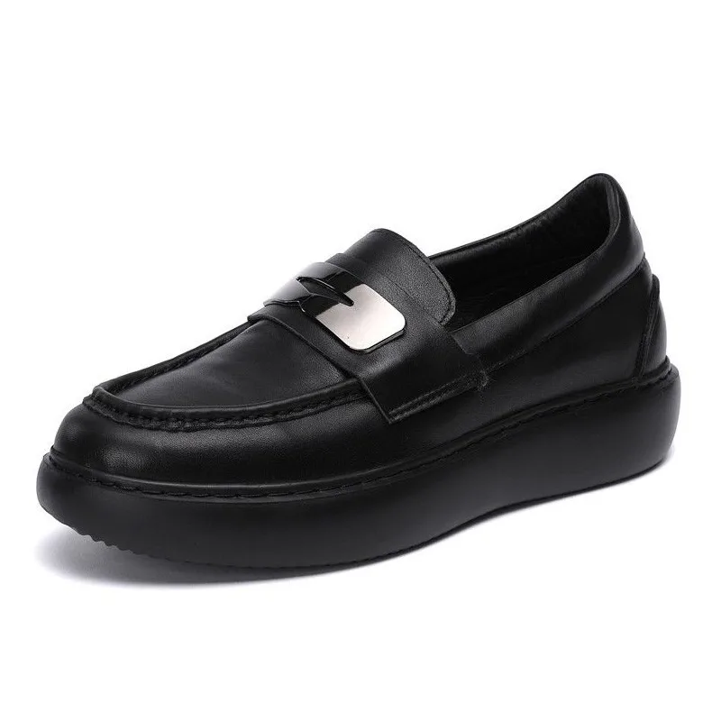 British Genuine Leather Dress Loafers Men Leather Shoes Metal Sequins Height Increasing Thick Sole Casual Platform Male Oxfords