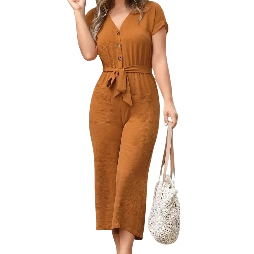 Women's Elegant Jumpsuit V Neck Belted Burgundy Jumpsuits Button Front Side Pockets Navy Blue Romper Cropped Pants Solid Color