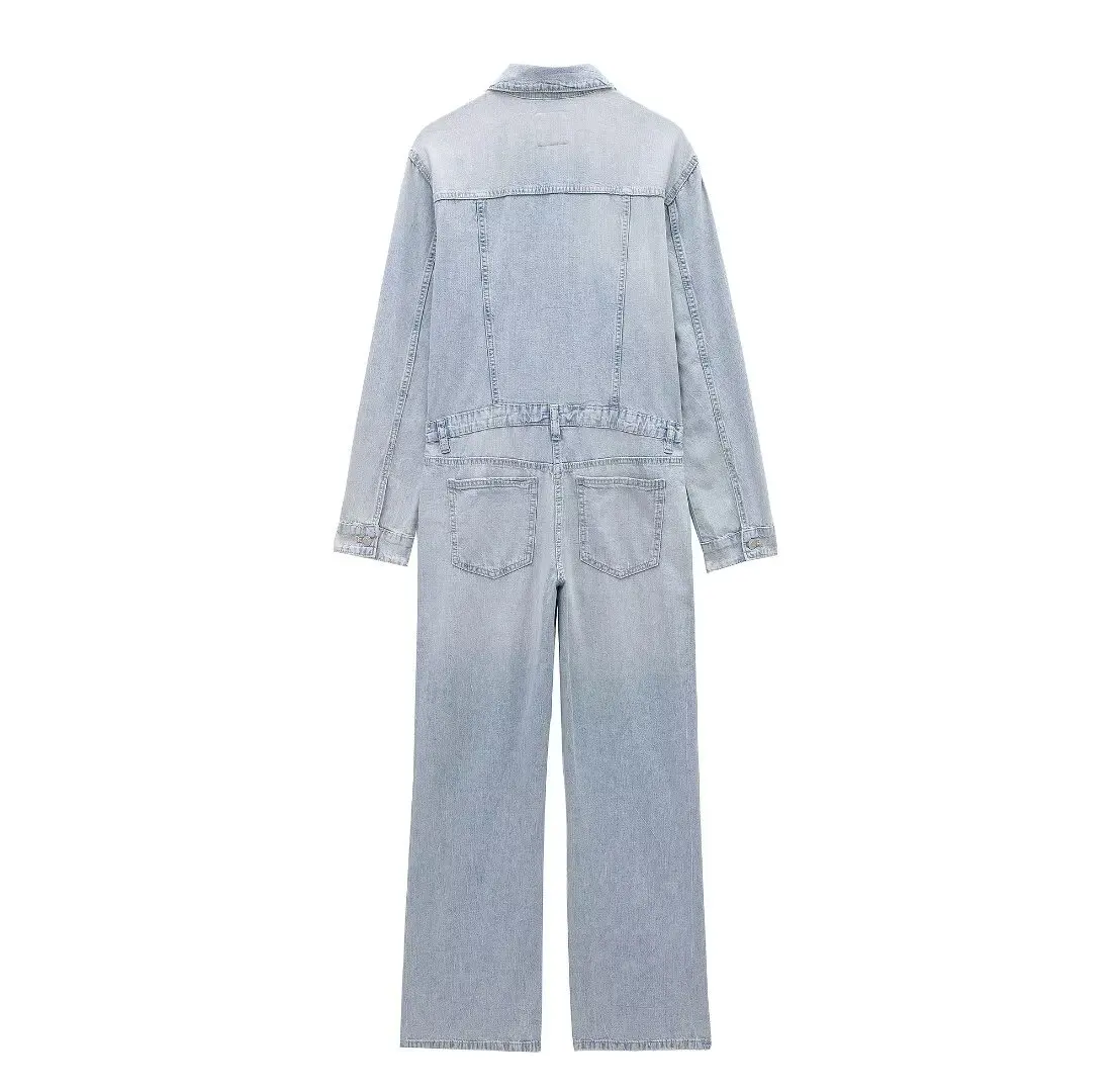 Tangada 2024 Fashion Women Denim Jumpsuit Pocket Long Sleeve Female Elegant Jumpsuit 3H0772