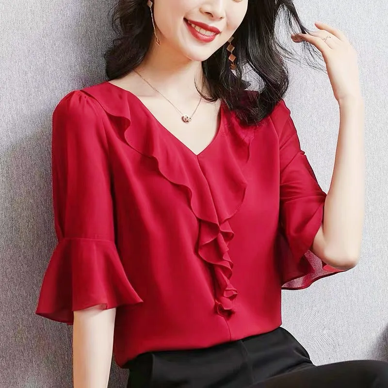 2024 Elegant office lady Lotus leaf collar chiffon shirt,Fashion korean style flare sleeve OL style blouse red black white Tops