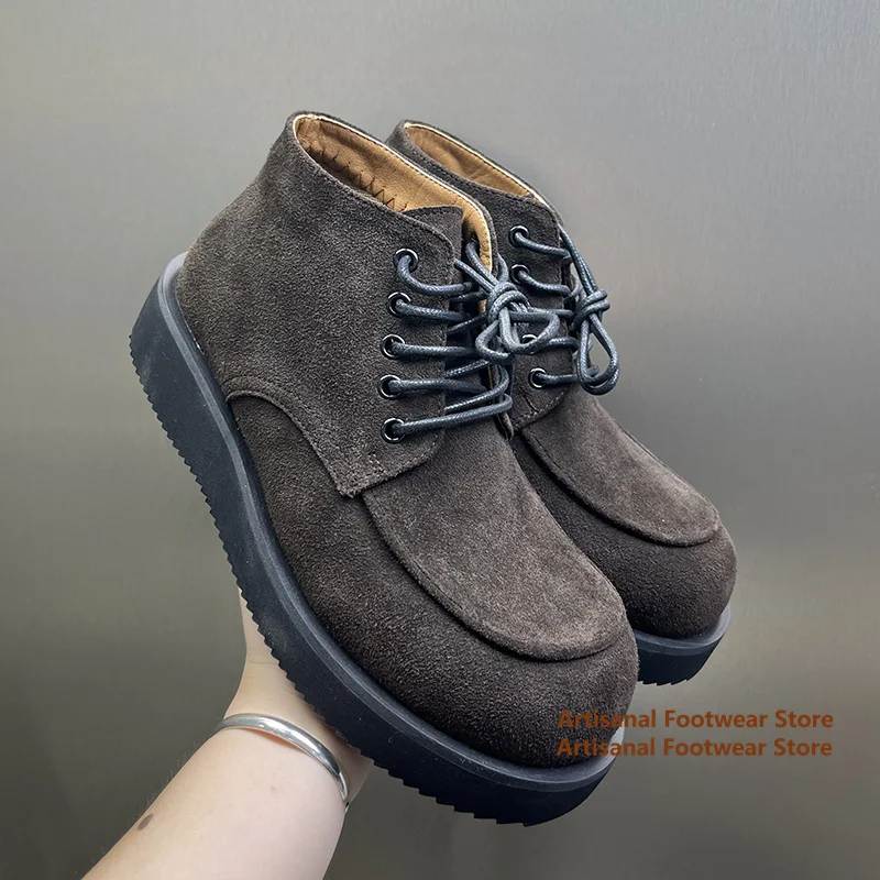 

Vintage Brown Suede Thick-Soled Derby Shoes for Men British Style Height-Increasing High Top Trendy Luxury Designer Men's Boots