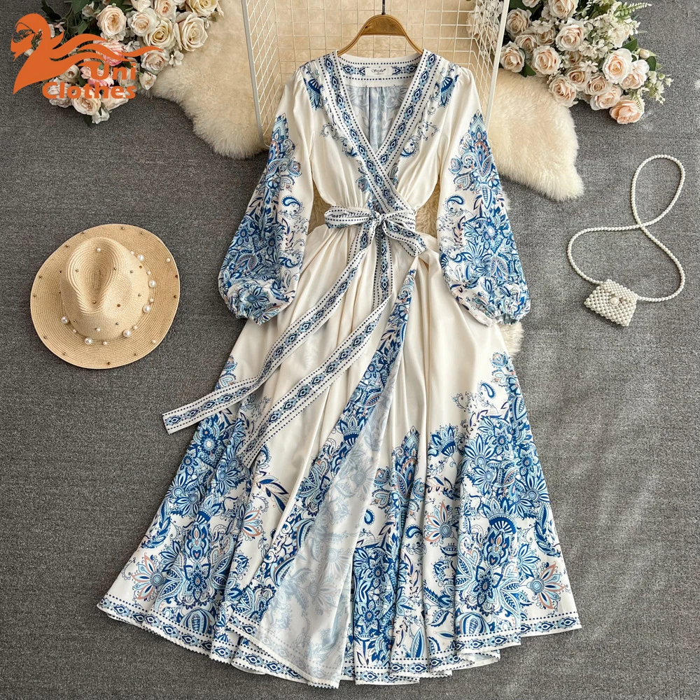 UNI Spring Elegant Women Dress 2025 Fashion Puff Sleeve V Neck Boho Print Dress Vintage Belt Loose Party Dresses Femme Vestidos