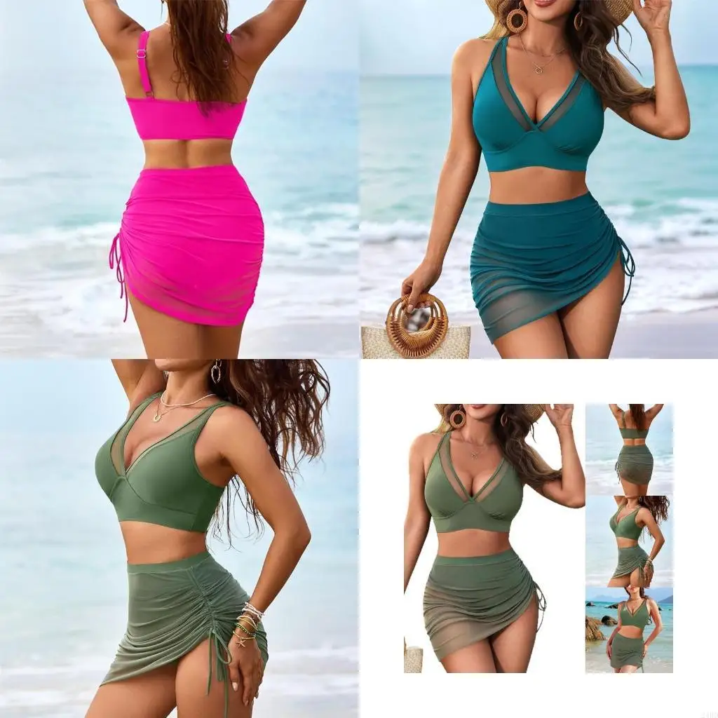 

High Waist Bathing Suit for Women Swim Skirt Push Up Swimwear Two Pcs Split Swimsuit Ladies Swimming Costume Set 24BD