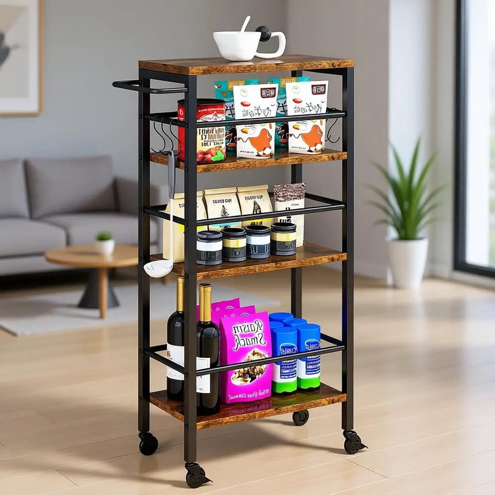 4-Tier Metal Rolling Kitchen Cart with Wooden Top for Storage in Kitchen, Dining, or Laundry Rooms - Rustic Brown