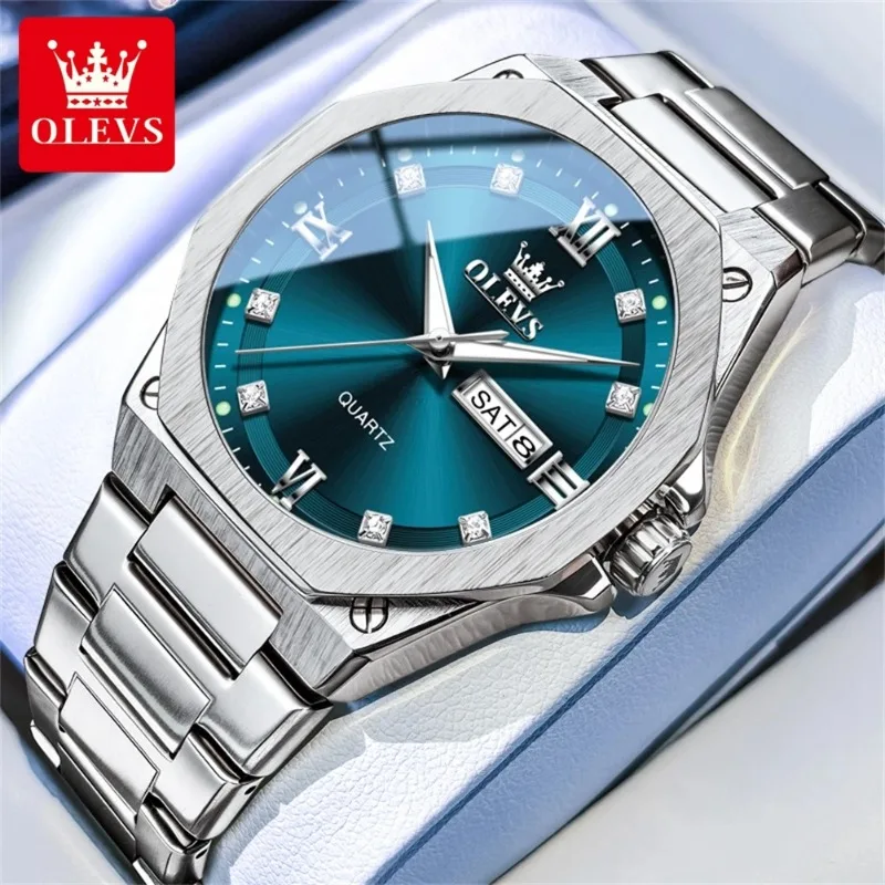 Мужские спортивные кварцевые часы OLEVS 3736 Luxury Original, водонепроницаемые, с подсветкой, указателем дня недели и даты, в подарочной коробке, 2026