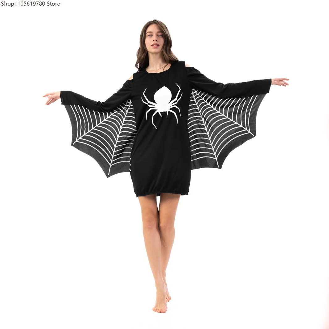 Spider Web Wing Cosplay Dress Women Cold Shoulder Long Sleeve Loose Tunic Outfit Halloween Dress Up Costume Performance Wear