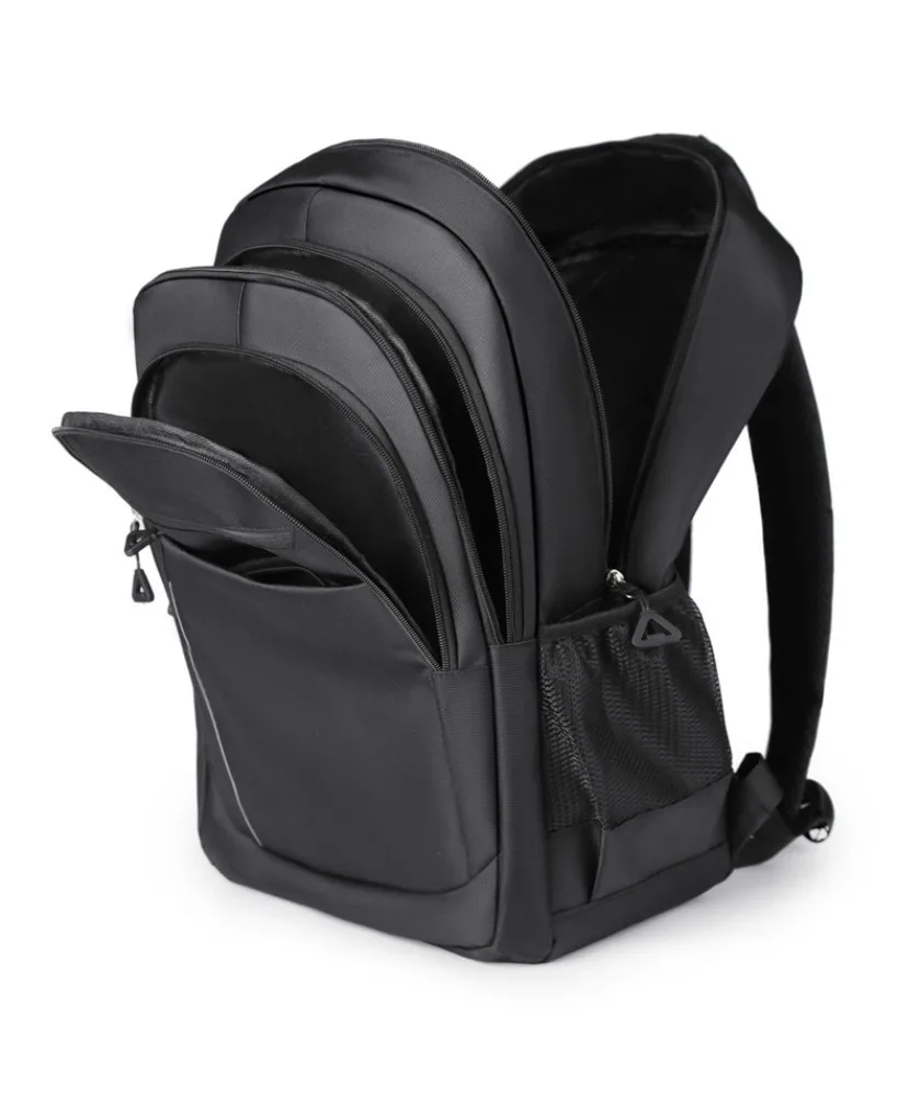 

Black multi compartment student backpack reflective strip accents side mesh pockets spacious interior suitable for daily school