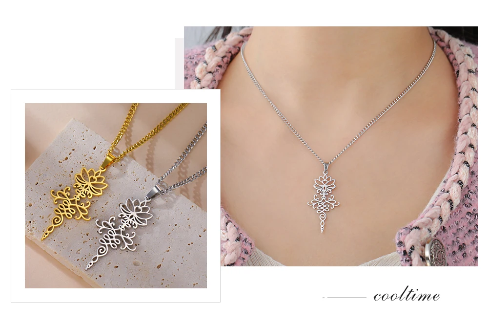 COOLTIME Lotusblume Anhänger Damen Halskette Edelstahl Mode Buddhismus Wiedergeburt und Reinheit Charm Halskette Amulett Schmuck – Detail 8