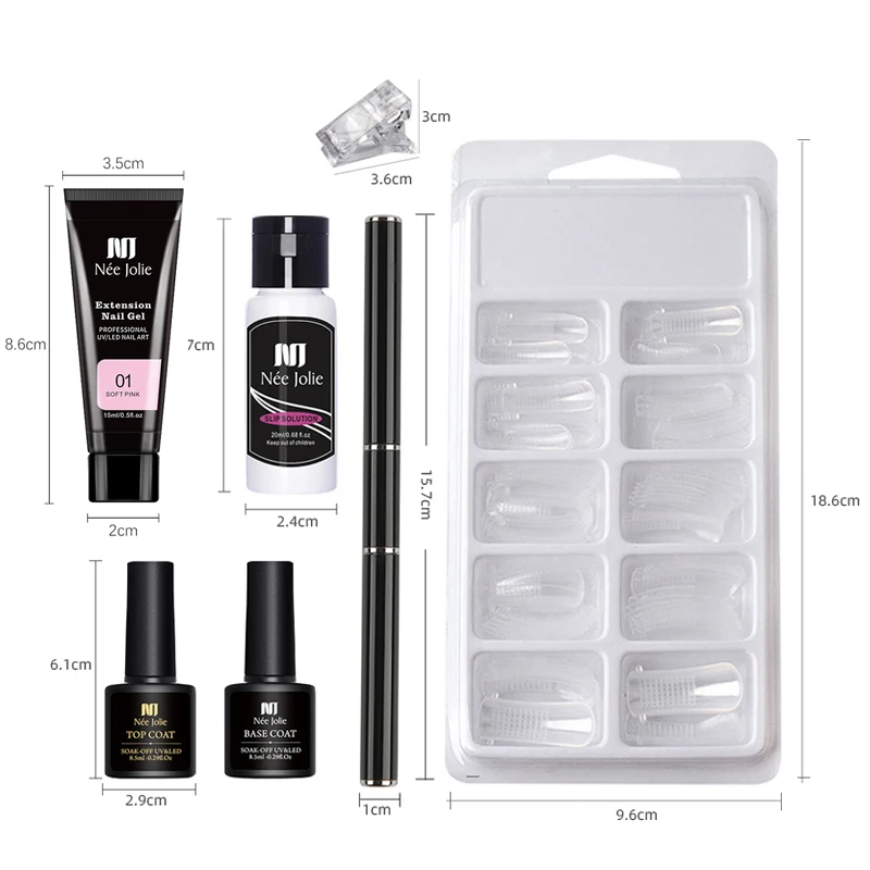 Poly Nail Gel Kit with 6W LED Lamp, All-In-One Set for Manicure, Semi-Permanent Extension Gel and Acrylic French Nails with Tool