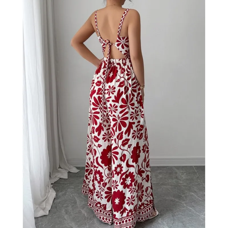 

Women's sexy camisole backless wide leg jumpsuit pants for spring/summer 2026 women's lace up printed jumpsuit pants