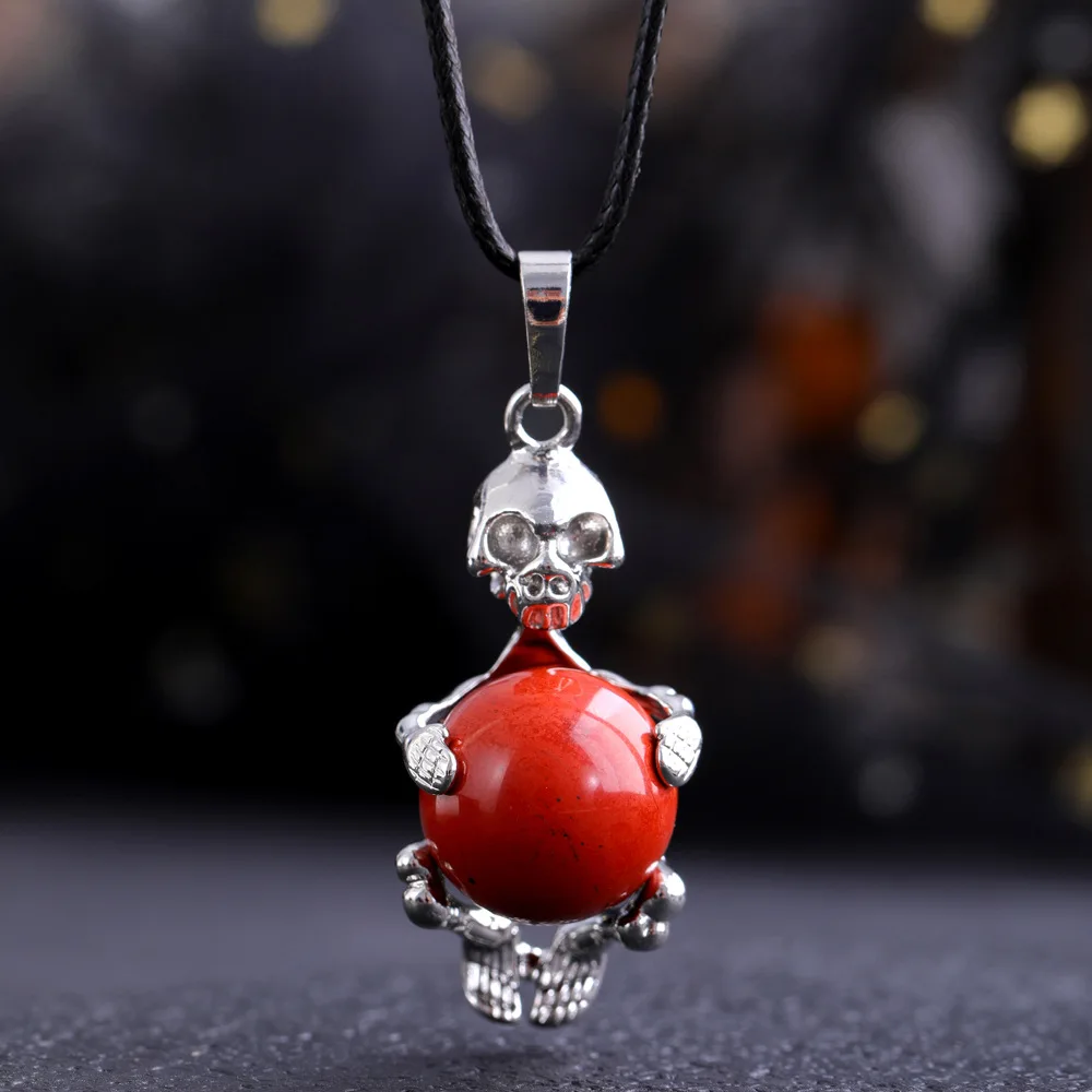 Natural Real Crystal Sphere Pendant With Skulls Hug Moving Beads Pendant Necklace Men Women Jewellry