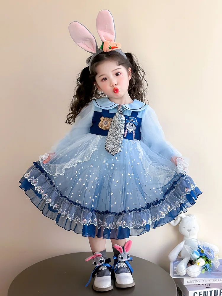 Girl Rabbit Officer Dress2025Spring and Autumn New Fashionable Children's Princess Dress for Little Girls