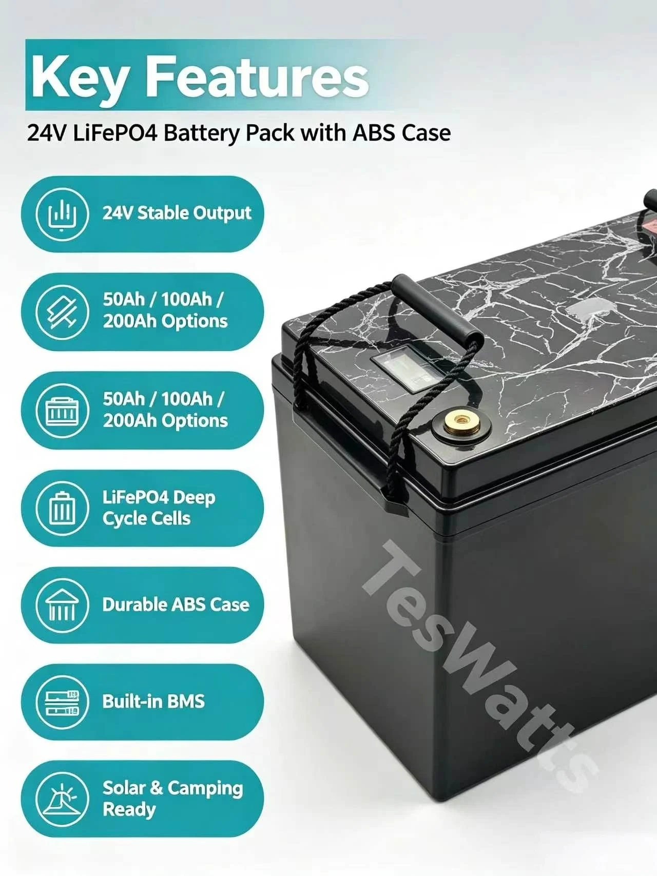 24V 50Ah 100Ah 200Ah Lifepo4 Lithium Battery pack with ABS case for Solar Energy Storage Camping Tent trolling Lights boat