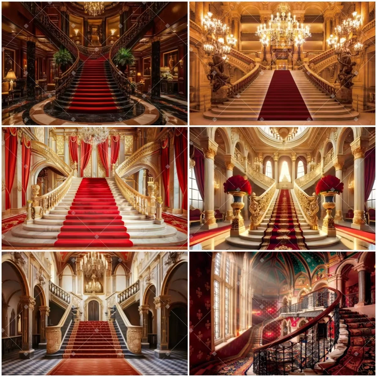 

Retro Castle Stairs Backdrop Supplies Red Elegant Carpet Decor Banner Wedding Birthday Portrait Photography Background Studio