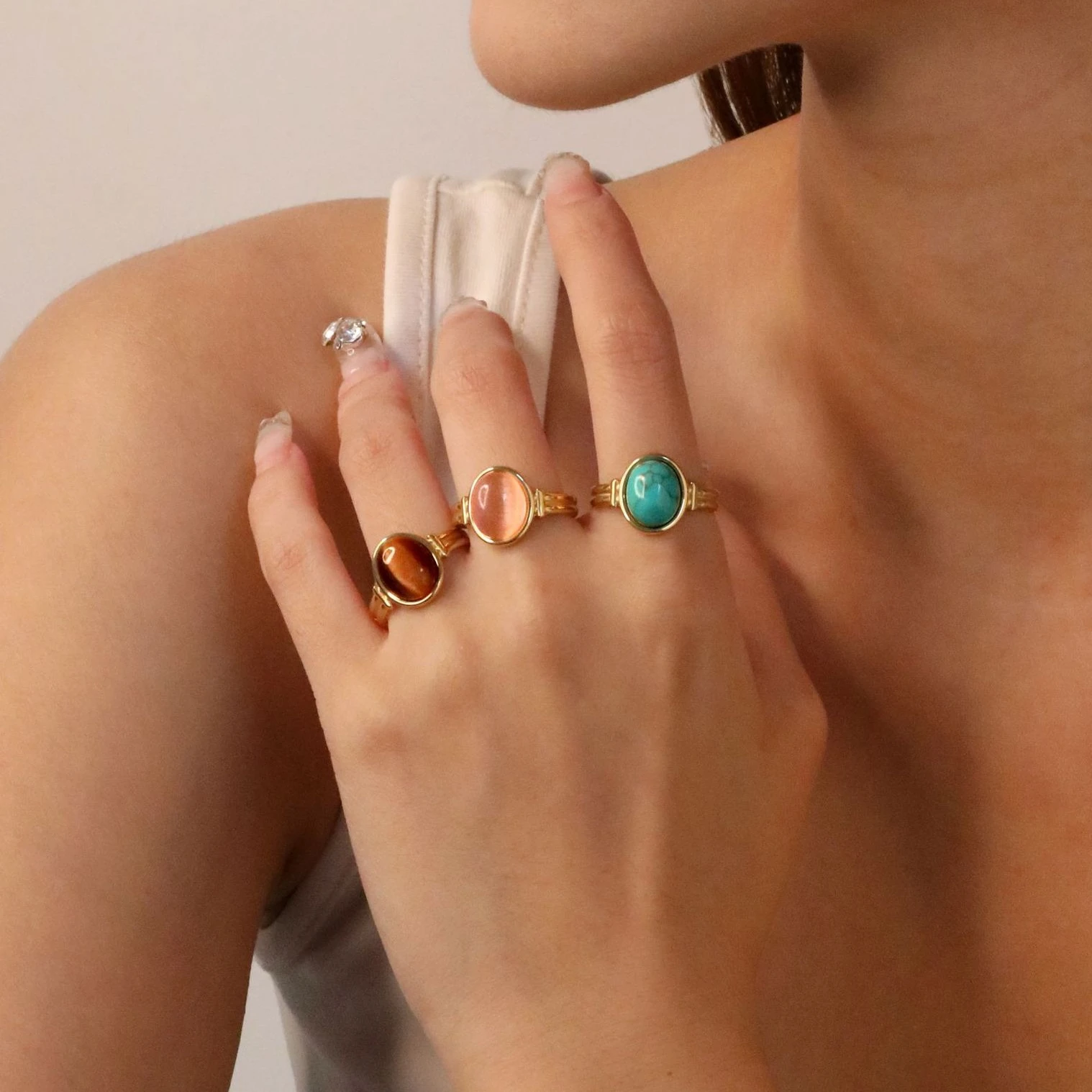 

Открытое кольцо с бирюзой, светлое, роскошное кольцо с опалом в стиле ретро, кольцо из нержавеющей стали