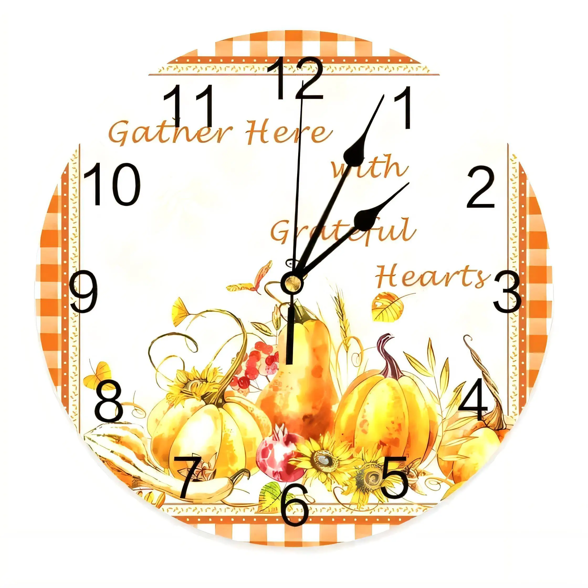 Gather Here Autumn Harvest Wall Clock  Decorative Home Kitchen Living Room Fall Theme Silent Non Ticking Battery Operated